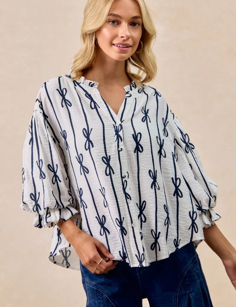BiBi Bow Ribbon Printed Woven Bubble Sleeves Top | Shirts Daverri Fashions