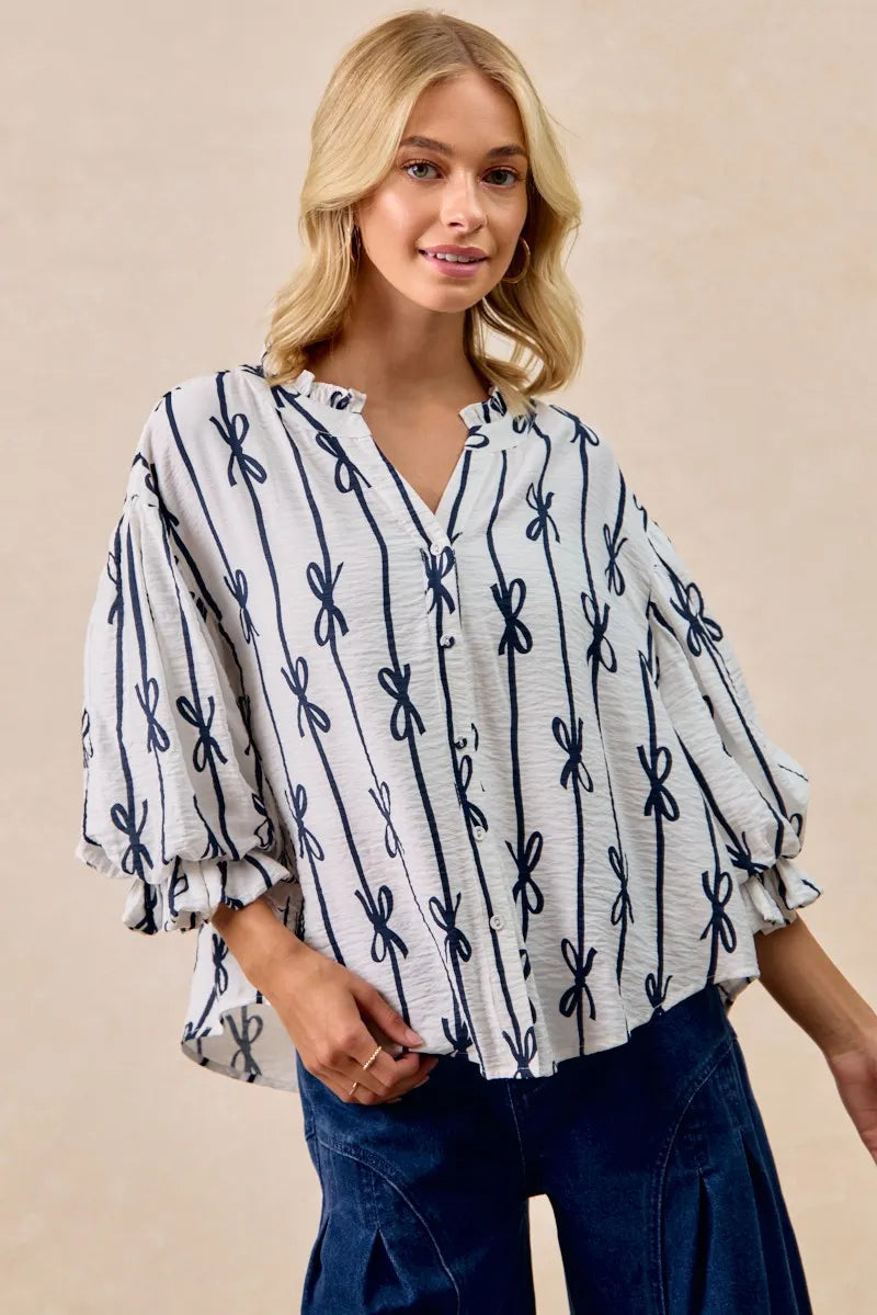 BiBi Bow Ribbon Printed Woven Bubble Sleeves Top | Shirts Daverri Fashions