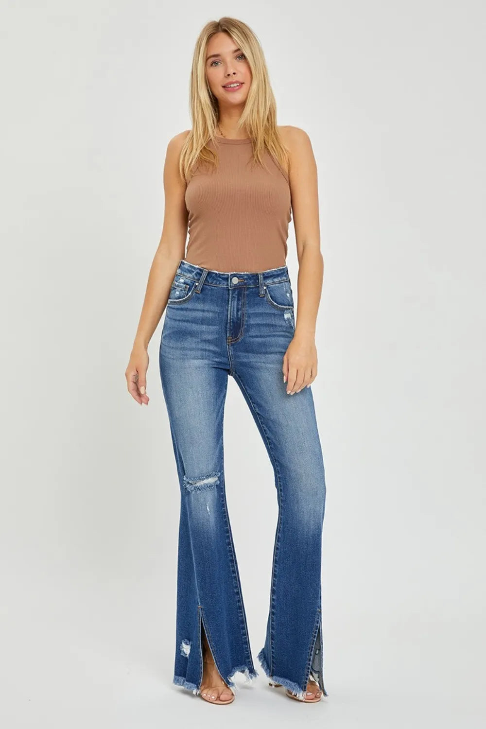 RISEN Full Size High Rise Front Slit Frayed Hem Flare Jeans | Jeans Daverri Fashions