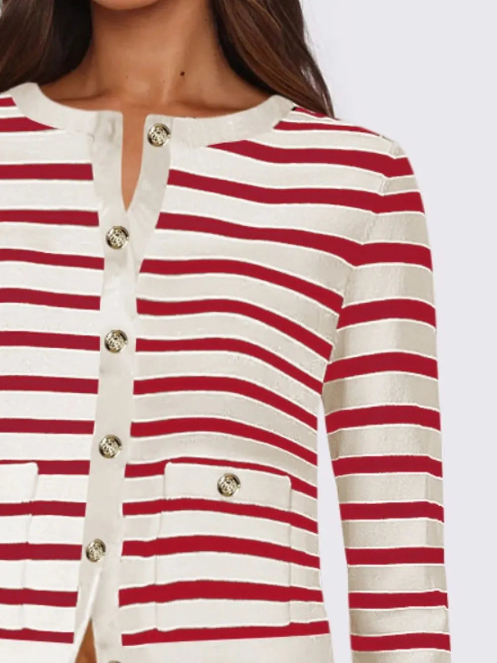 Striped Round Neck Button Up Long Sleeve Cardigan | Cardigans Daverri Fashions