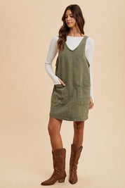 Annie Wear V-Neck Adjustable Strap Denim Overall Dress with Pockets | Daverri Fashions
