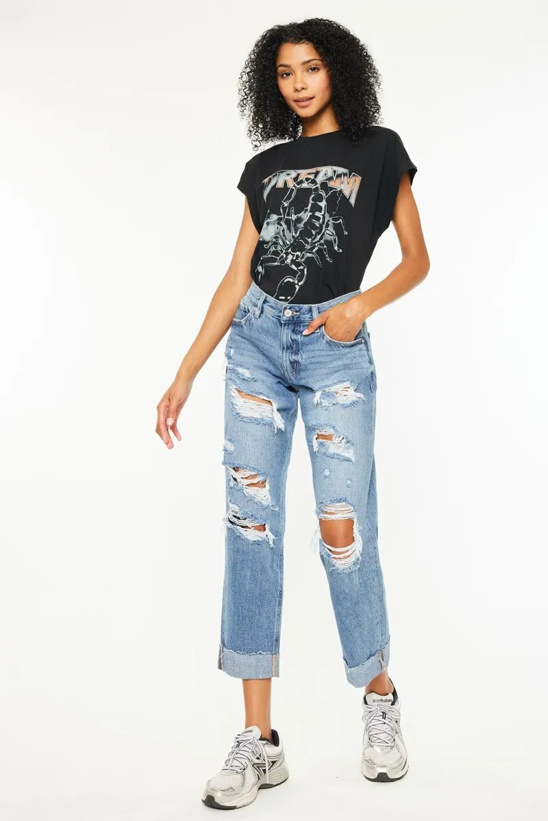 Kancan Mid Rise Distressed Boyfriend Fit Jeans | Jeans Daverri Fashions