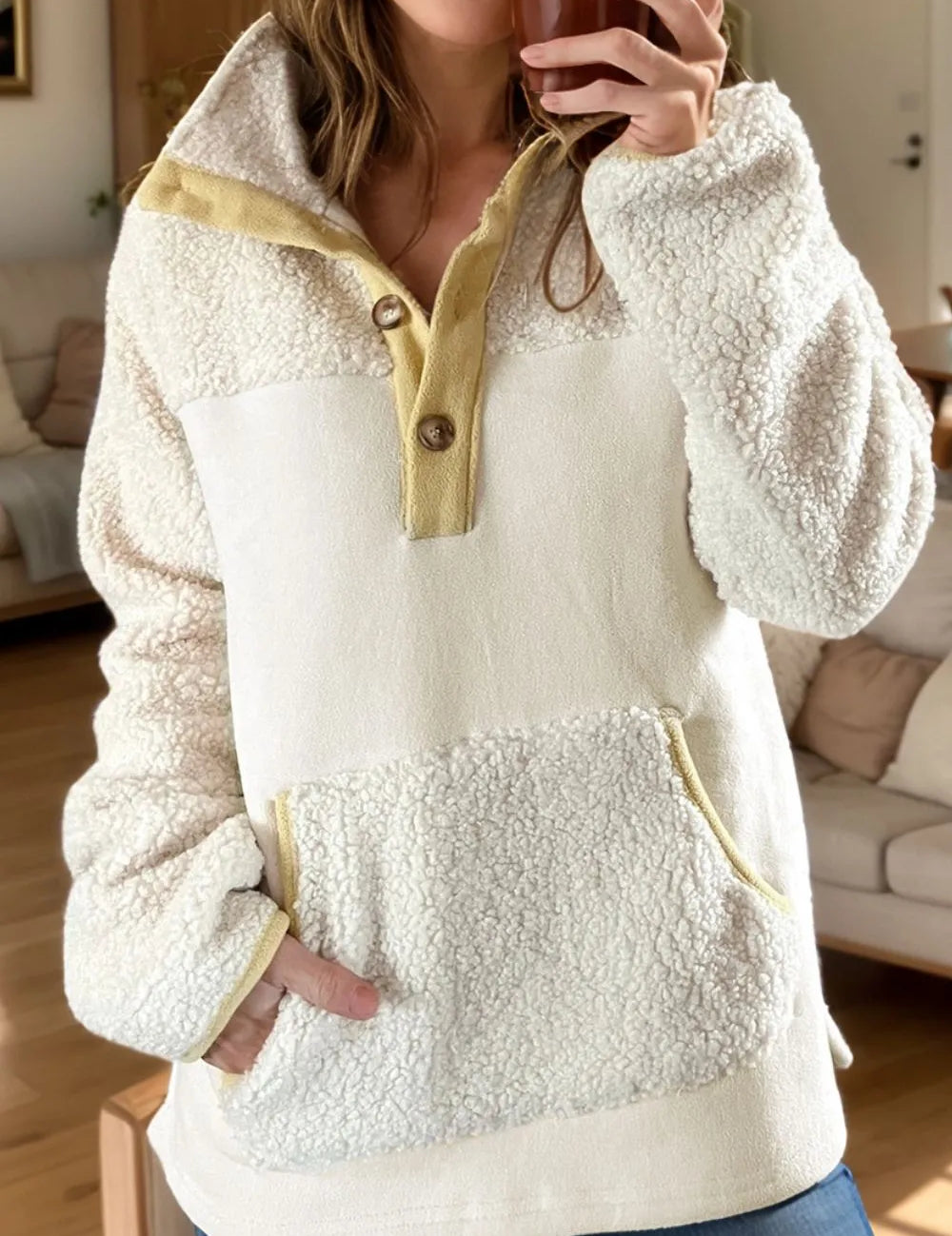 White Mock Neck Long Sleeve Sherpa Sweatshirt | Sweatshirts Daverri Fashions