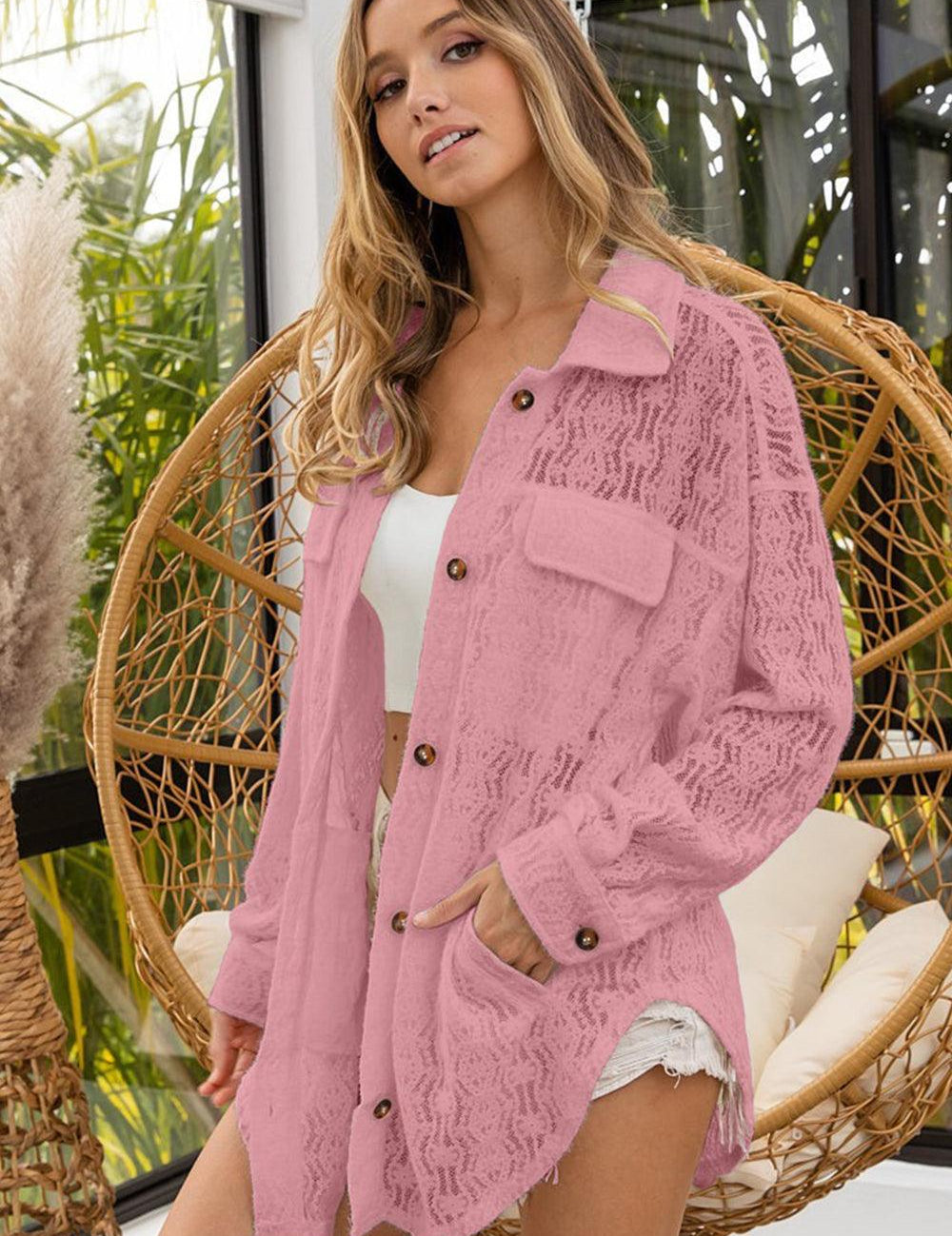 Vintage Rose M BiBi Oversized Lace Shacket with Front Pockets | Daverri Fashions