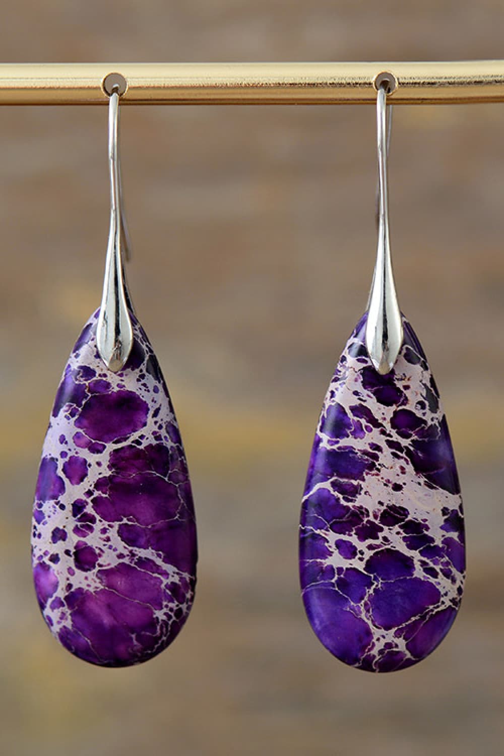 Purple Silver One Size Handmade Teardrop Shape Natural Stone Dangle Earrings | Earrings Daverri Fashions