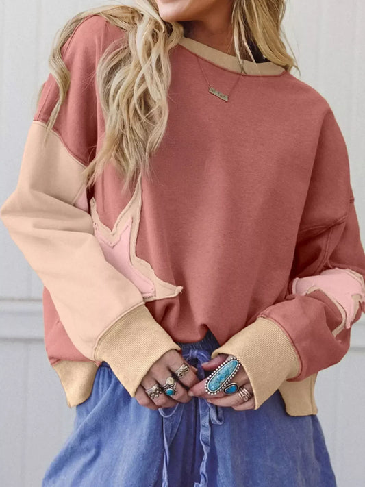 Star Patchwork Exposed Seam Drop Shoulder Sweatshirt - DAVERRI FASHIONS
