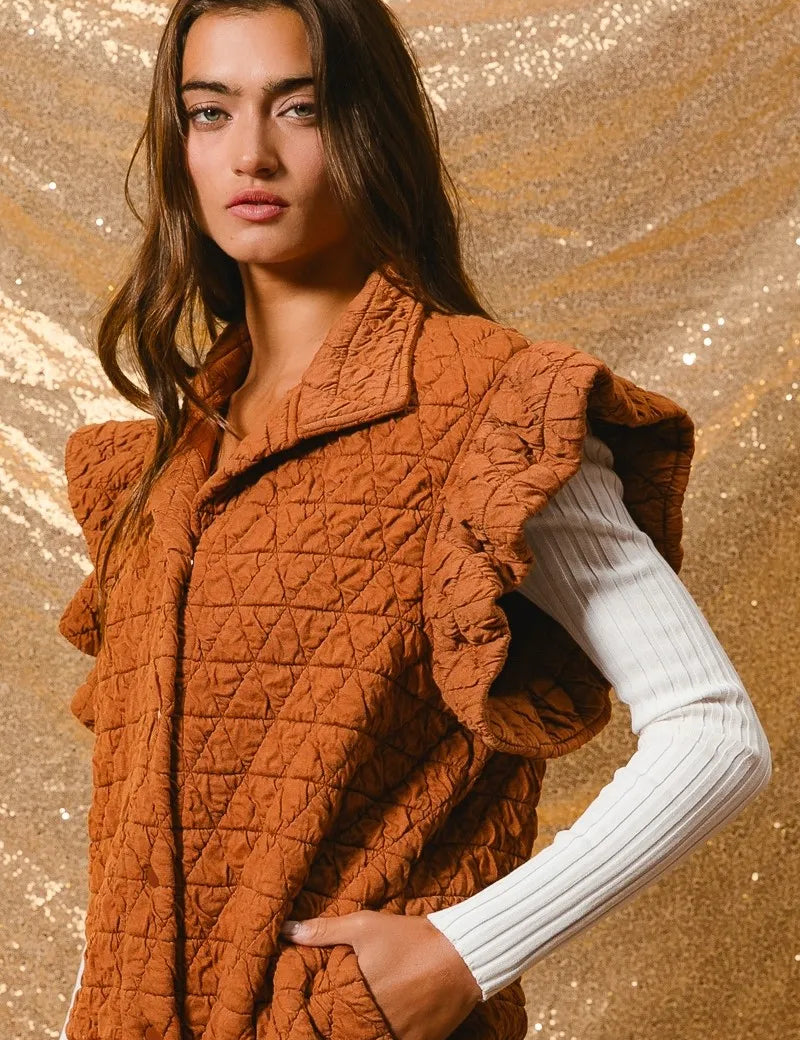 RUST BiBi Quilting Knit Ruffle Sleeve Vest | Vests Daverri Fashions