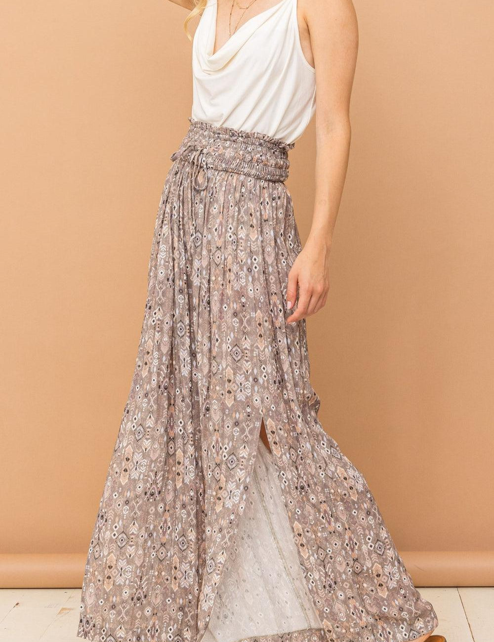 Grey And The Why Printed Smocked Waist Slit Wide Leg Pants | Pants Daverri Fashions