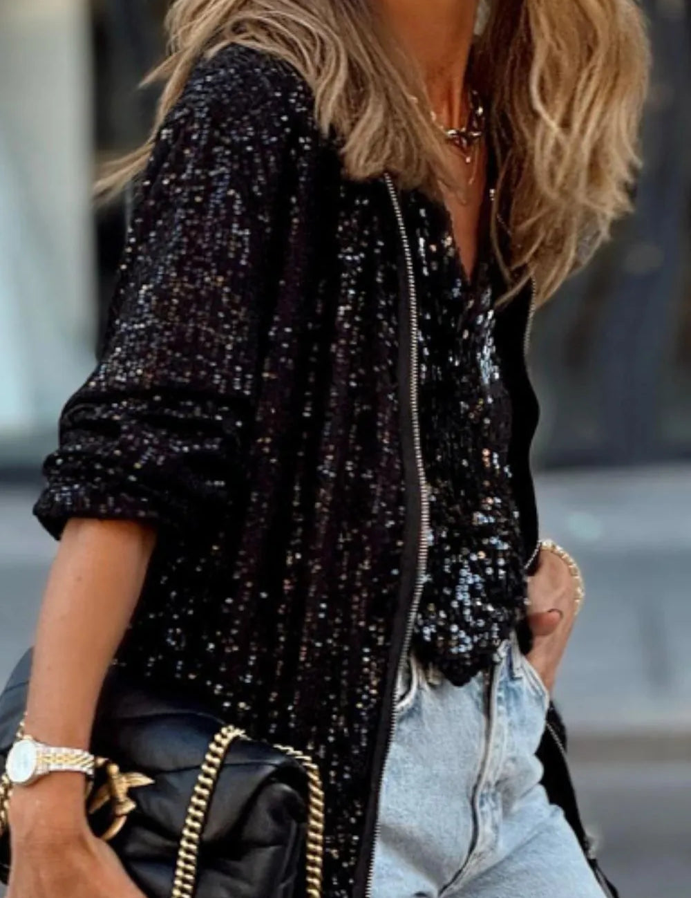 Sequin Zip Up Long Sleeve Jacket | Jackets Daverri Fashions
