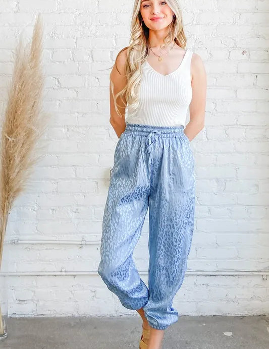 PALE BLUE And The Why Satin Leopard Print Joggers | Daverri Fashions