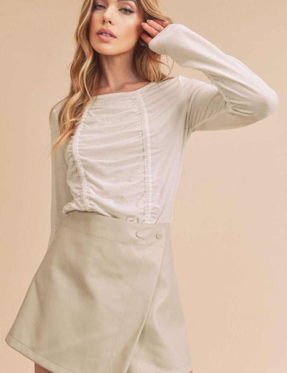 White M Aemi + Co Ruched Front Round Neck Long Sleeve T-Shirt | T-Shirts Daverri Fashions