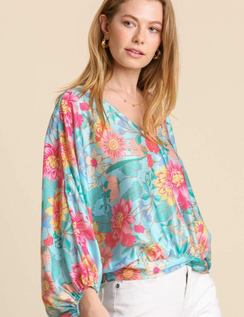 Turquoise Floral Print Smocked Back Hem V-Neck Blouse Plus Size | Blouses Daverri Fashions