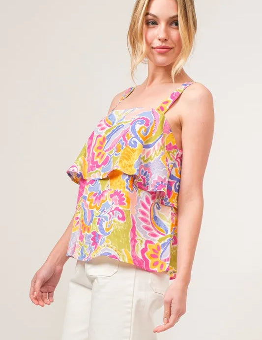 And The Why Square Neck Tiered Paisley Printed Top | Tops Daverri Fashions