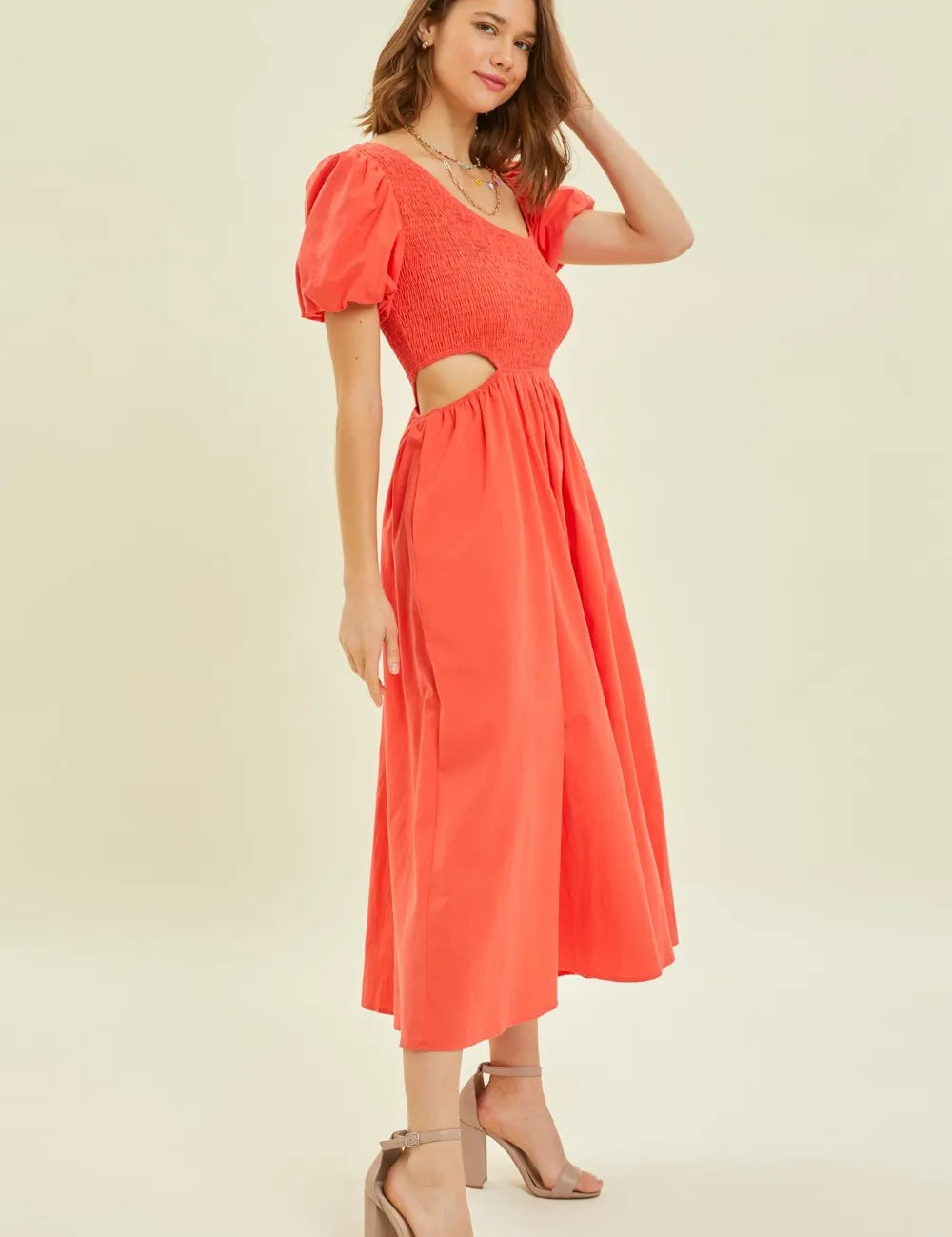 Cherry Red S HEYSON Smocked Cutout Midi Dress | Midi Dresses Daverri Fashions