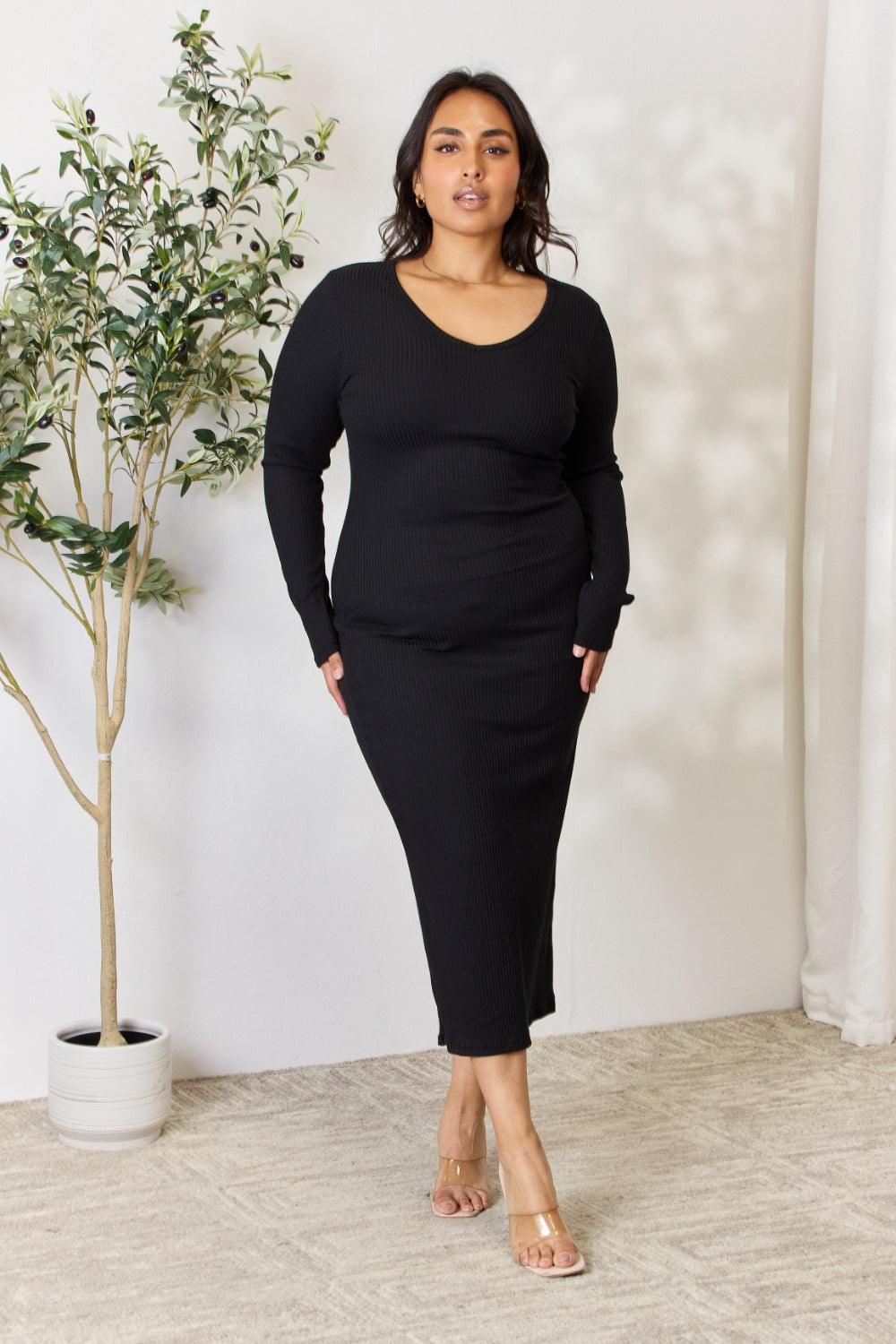 Black L Culture Code Ribbed Long Sleeve Midi Slit Dress | Midi Dresses Daverri Fashions