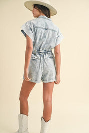 Annie Wear Elastic Waistband Short Sleeve Denim Romper | Denim Rompers Daverri Fashions
