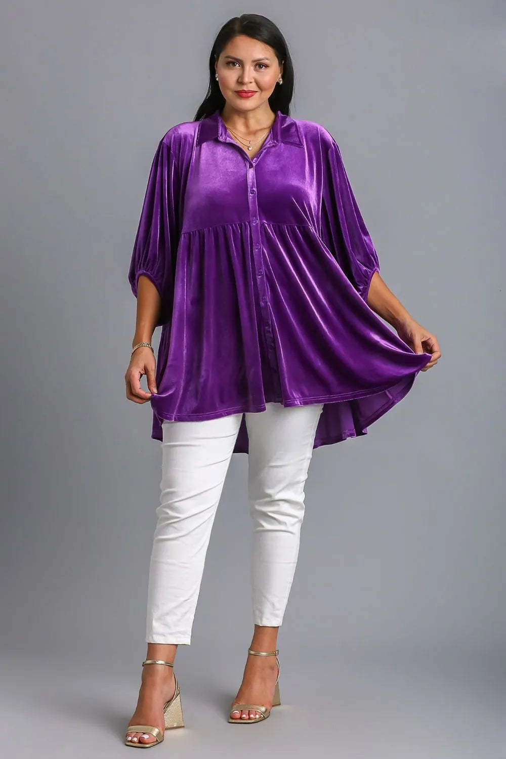 Umgee Full Size Button Down Tiered Back High Low Shirt | Daverri Fashions