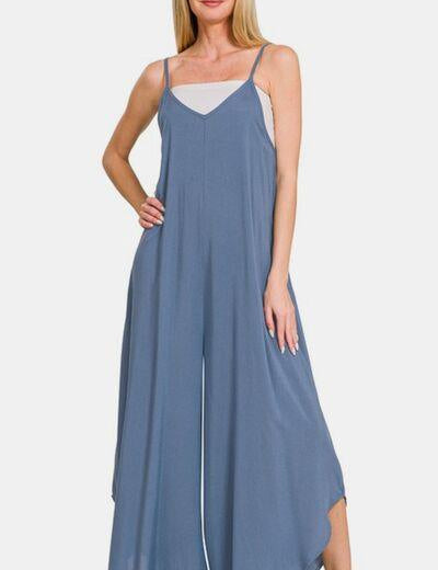 Zenana Spaghetti Strap Wide Leg Overalls with Pockets | Daverri Fashions