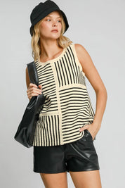 Umgee Round Neck Texture Striped Tank Cream | Tank Tops Daverri Fashions