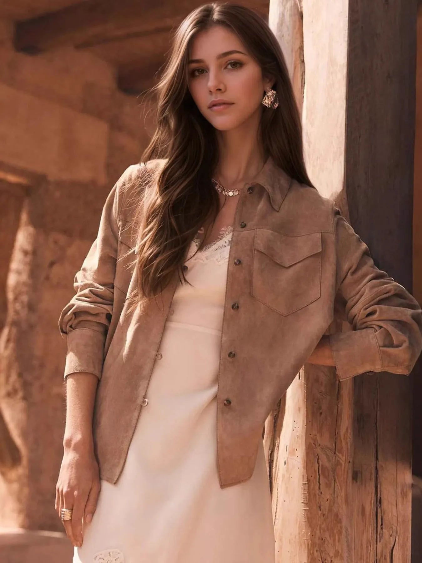 Light Brown Button Front Long Sleeve Jacket | Shackets Daverri Fashions