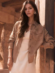 Light Brown Button Front Long Sleeve Jacket | Shackets Daverri Fashions
