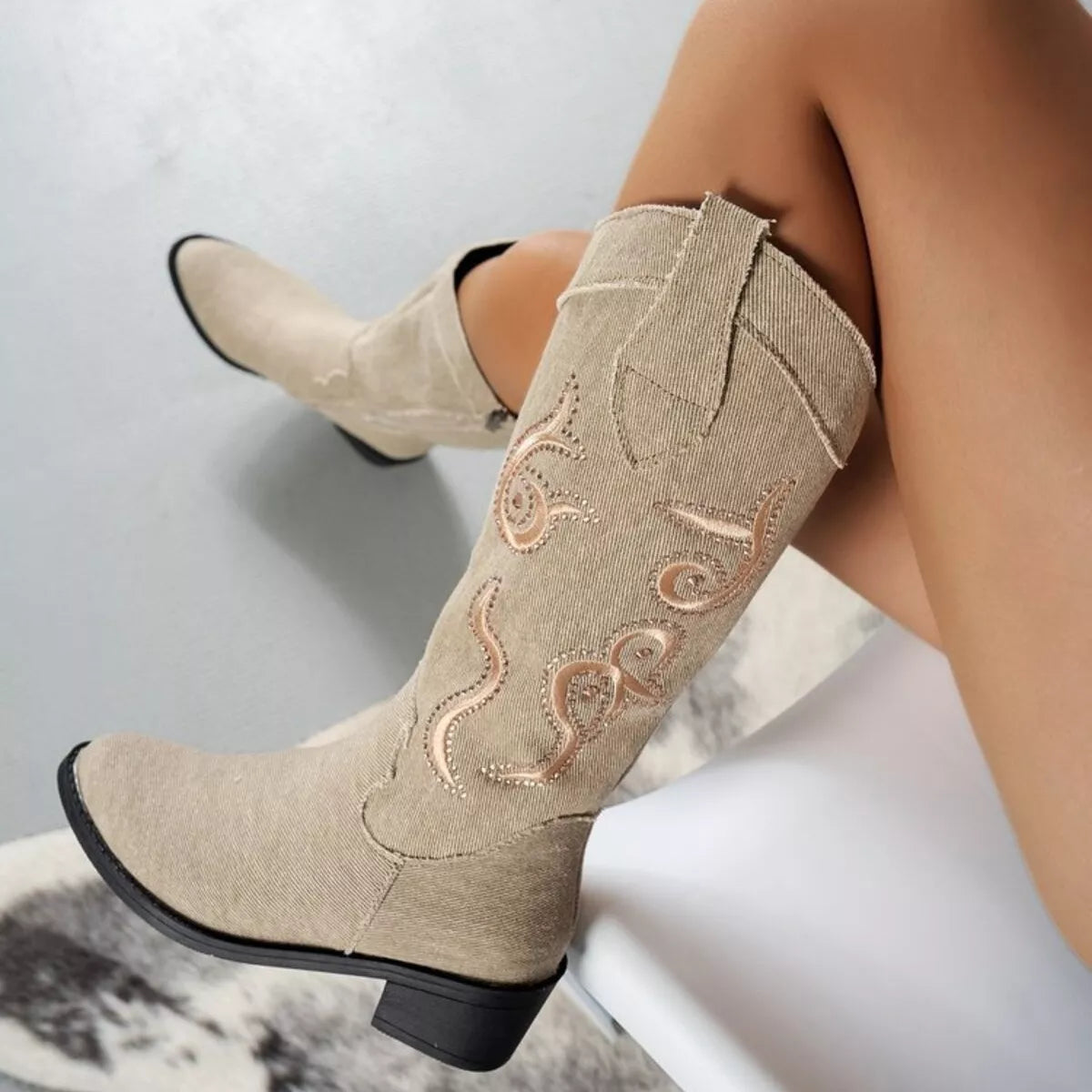 Apricot Embroidered Point Toe Block Heels Boots | Boots Daverri Fashions