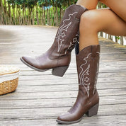 Brown Western Embroidered Mid-Calf Boots | Boots Daverri Fashions