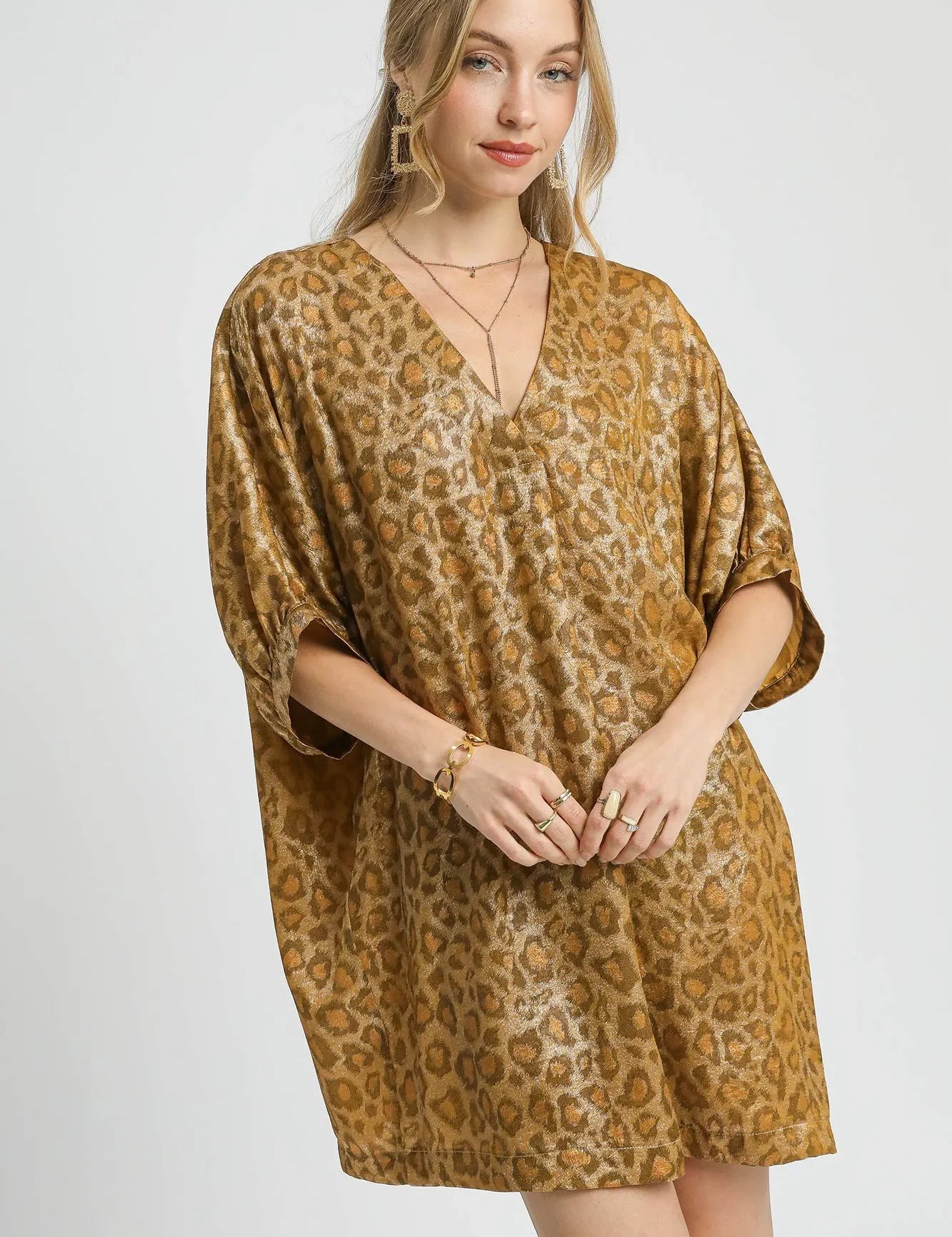 Brown Umgee Metallic Leopard Print V-Neck Kimono Dress | Daverri Fashions