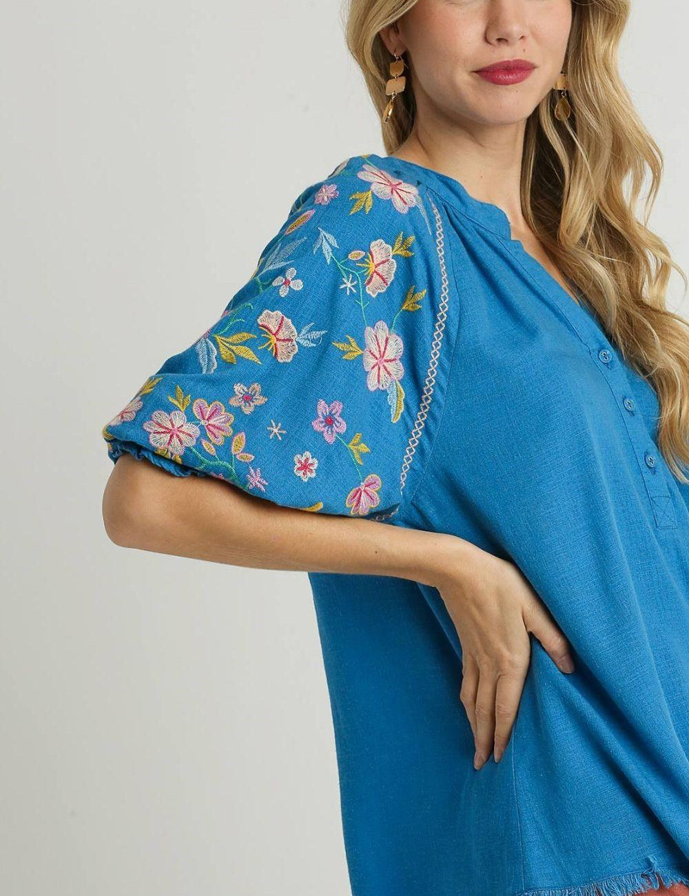 Umgee Full Size Half Button Top with Embroidery Sleeves | Tops Daverri Fashions