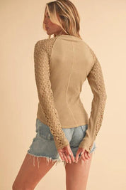 Aemi+Co Mock Neck Ribbed Knit Top with Crochet Sleeve | Tops Daverri Fashions