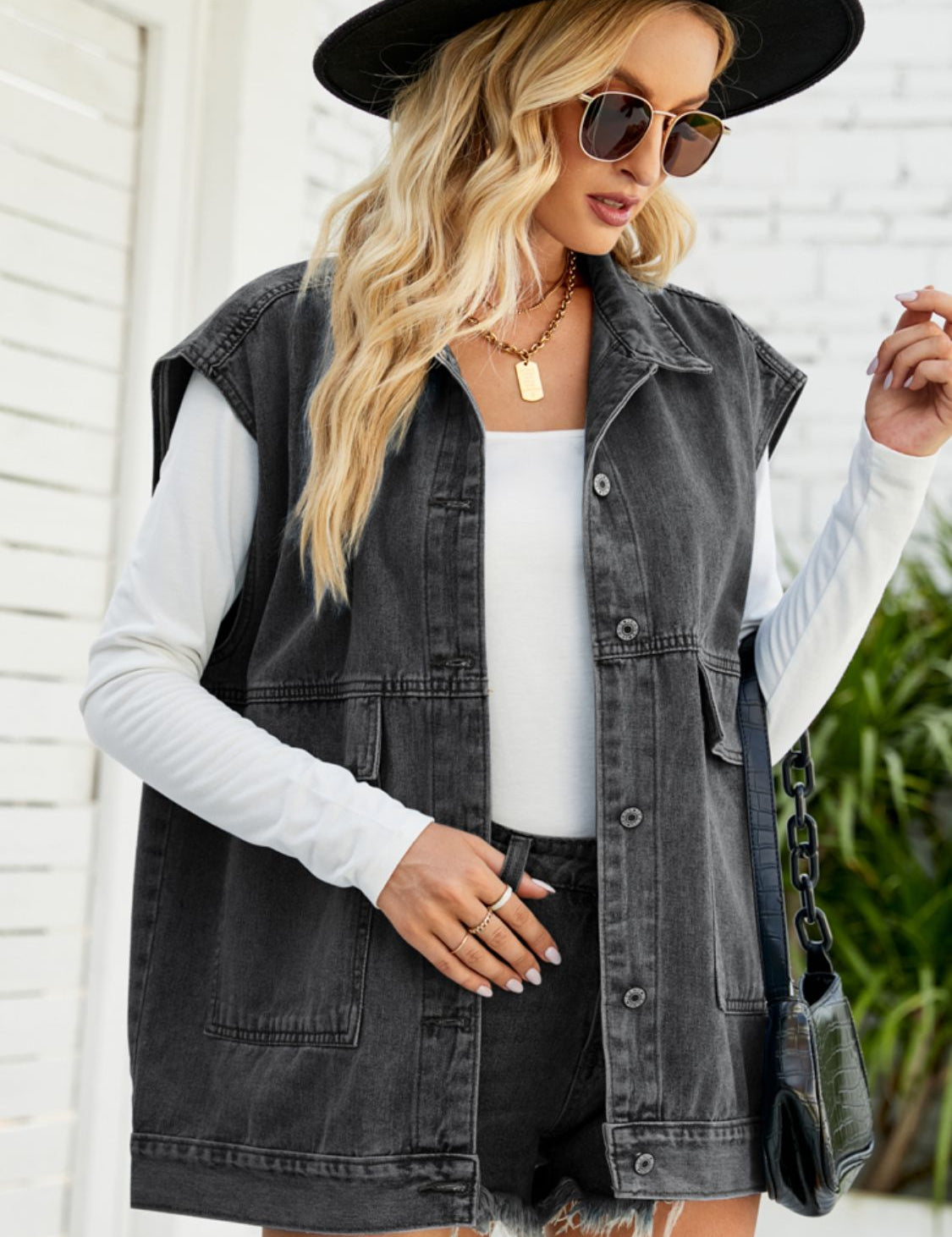 Dark Collared Neck Sleeveless Denim Top with Pockets | Tops Daverri Fashions