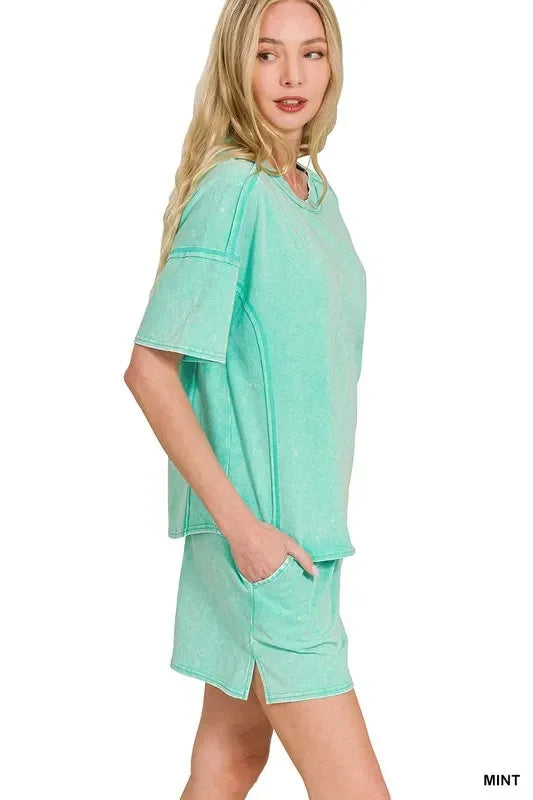 Zenana Acid Washed Short Sleeve Tee & Shorts Set - DAVERRI FASHIONS