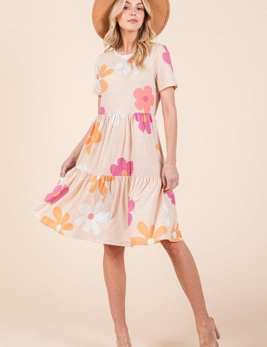 Apricot S BOMBOM Floral Round Neck Short Sleeve Tiered Dress | Daverri Fashions