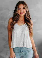 Light Gray Sequin Scoop Neck Tank | Tank Tops Daverri Fashions