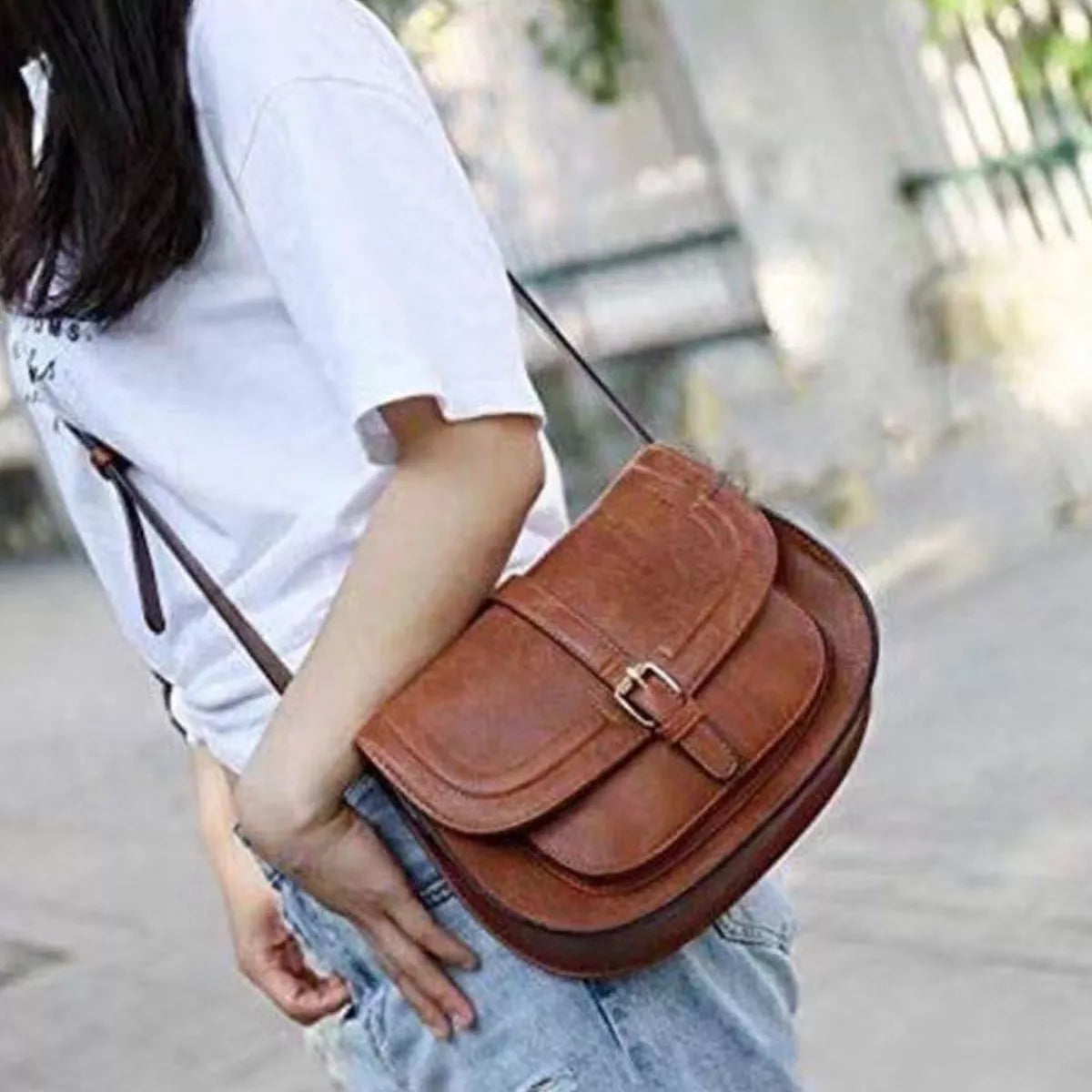 Caramel One Size Buckle Vegan Leather Crossbody Bag | Handbags Daverri Fashions