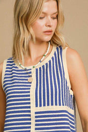 Umgee Round Neck Texture Striped Tank Blue | Tank Tops Daverri Fashions
