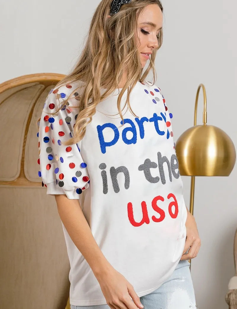 BiBi Party In The Usa Spangle Puff Sleeves Top | Tops Daverri Fashions