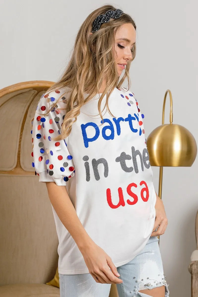 BiBi Party In The Usa Spangle Puff Sleeves Top | Tops Daverri Fashions