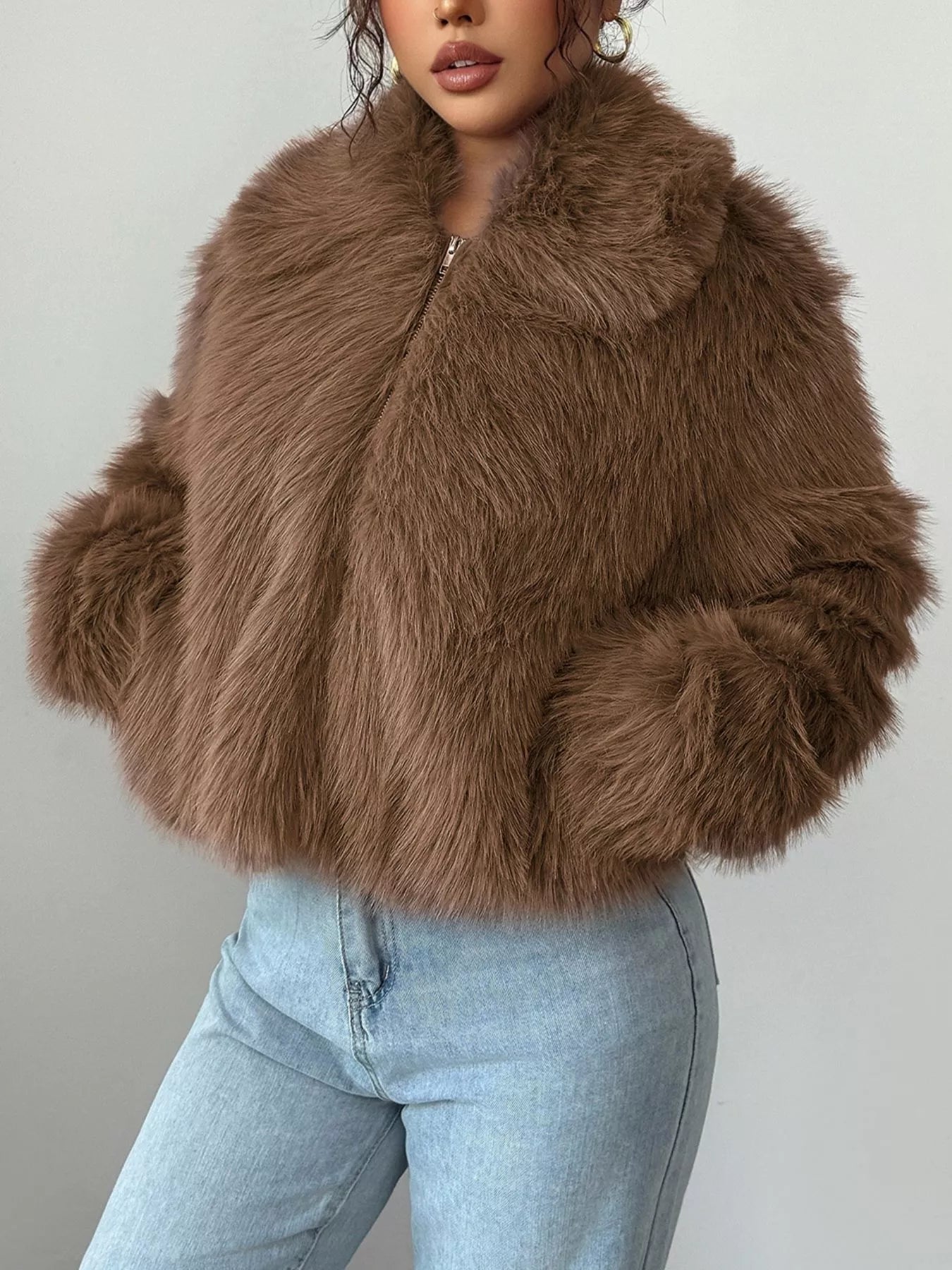 Fuzzy Zip Up Cropped Jacket | Jackets Daverri Fashions