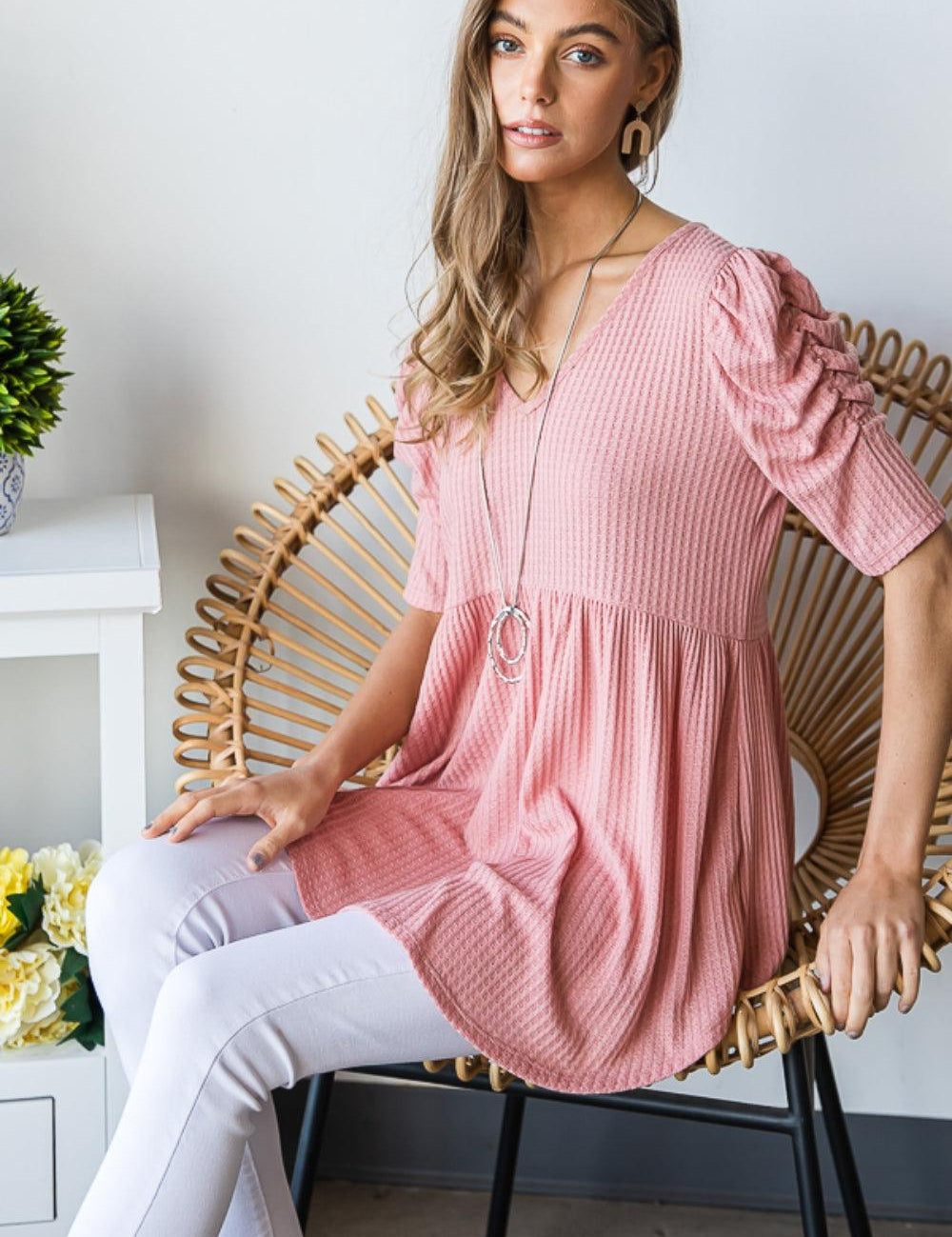 Heimish Full Size Waffle Knit V-Neck Babydoll Top | Tops Daverri Fashions