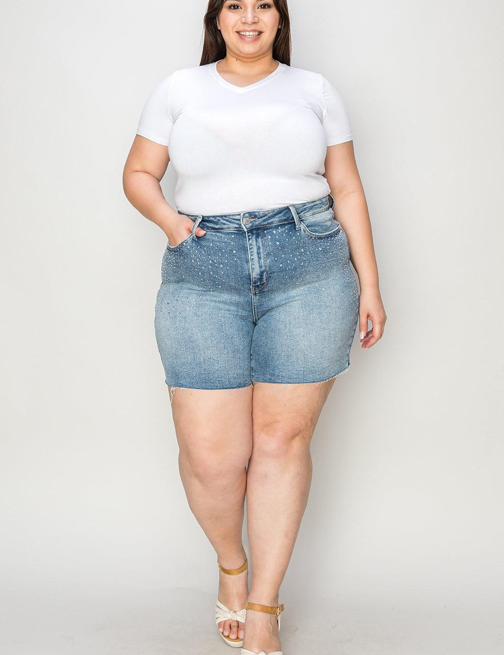 Light Judy Blue Full Size High Waist Rhinestone Decor Denim Shorts | Shorts Daverri Fashions