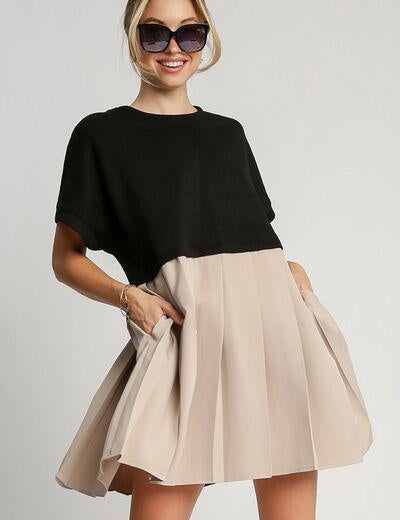 Black Umgee Full Size Round Neck Pleated Dress with Side Pockets | Mini Dresses Daverri Fashions