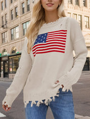 US Flag Distressed Round Neck Long Sleeve Sweater | Sweaters Daverri Fashions