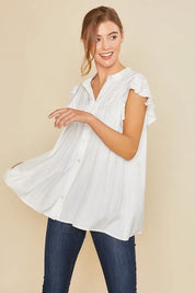 Annie Wear Ruffle Sleeve Shirred Flowy Woven Tunic Shirts | Daverri Fashions