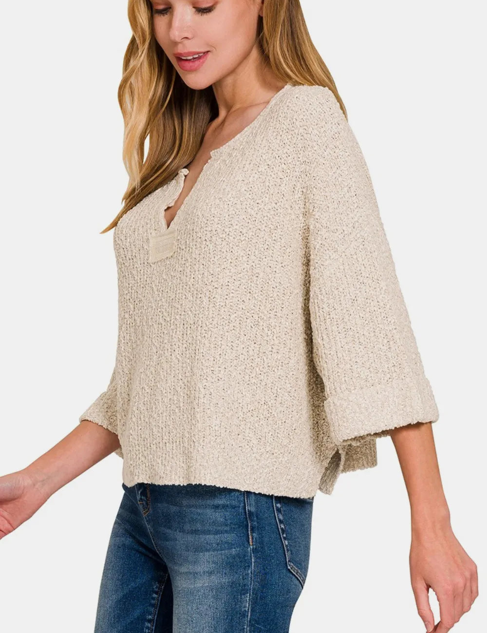 Zenana Notched Side Slit Patch Sweater | Daverri Fashions