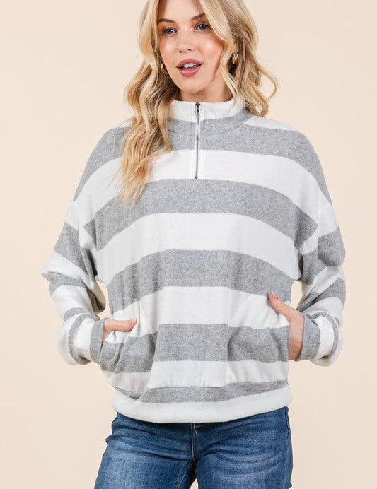 Light Gray BOMBOM Striped Quarter Zip Drop Shoulder Sweatshirt | Daverri Fashions