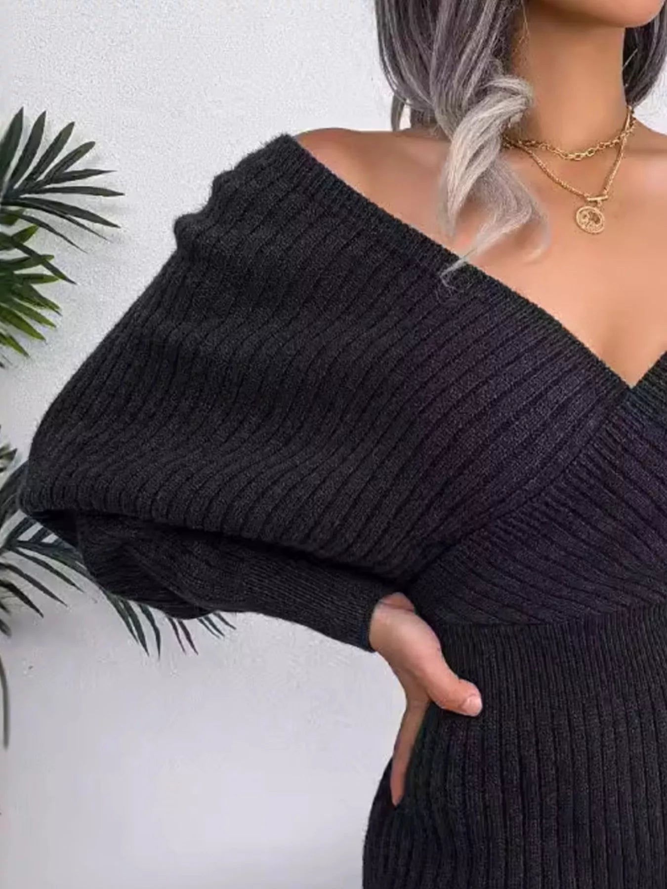 Surplice Long Sleeve Sweater Dress | Mini Dresses Daverri Fashions