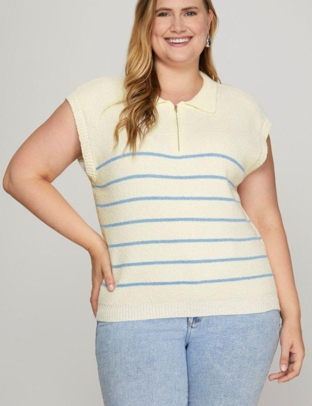 She + Sky Full Size Ribbed Hem Striped Half Zip Sweater Vest Plus Size | Sweaters Daverri Fashions