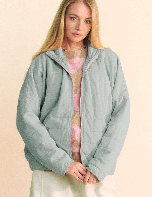 GREY BLUE Davi & Dani Quilted Zip Up Dropped Shoulder Jacket | Jackets Daverri Fashions