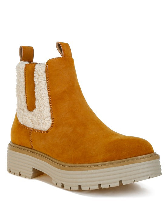 Tan Mothman Faux Fur Detail Chunky Ankle Boots | Boots Daverri Fashions